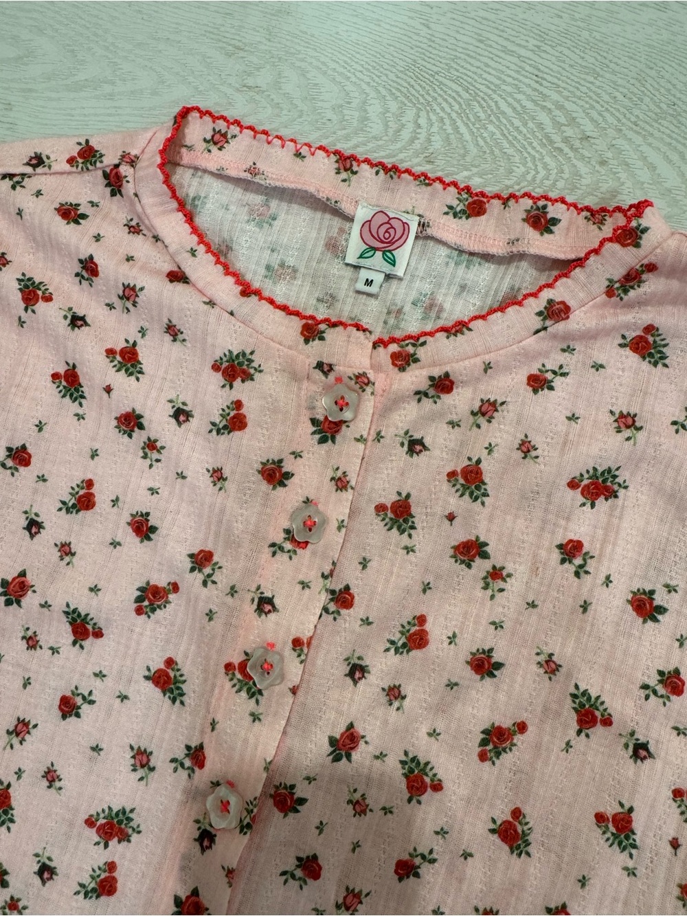 Rosette Pink Floral Cardigan Top with Red Rose Print M